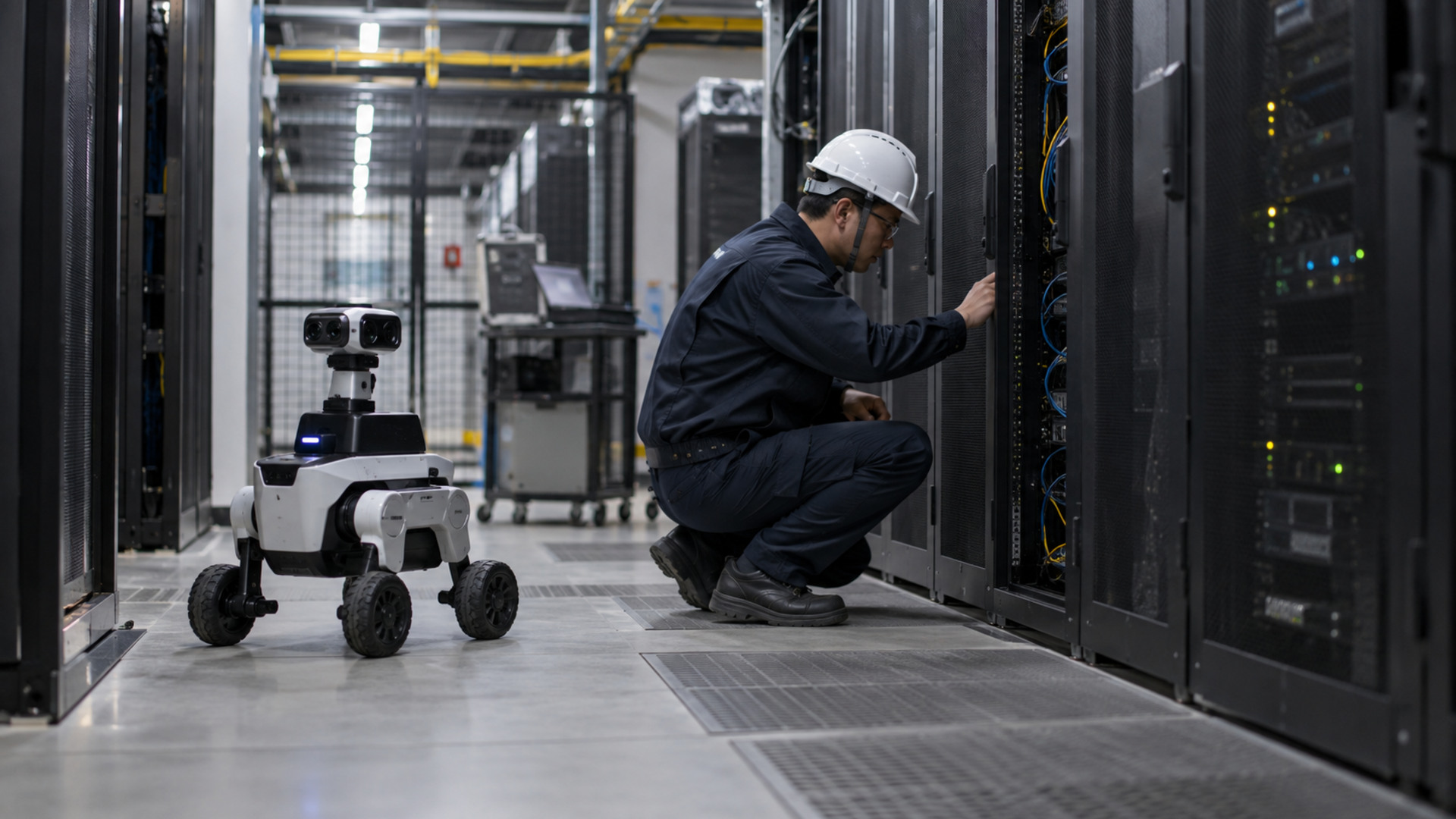 Data center technician inspecting a server rack beside an autonomous robot during a coordinated operational check.
