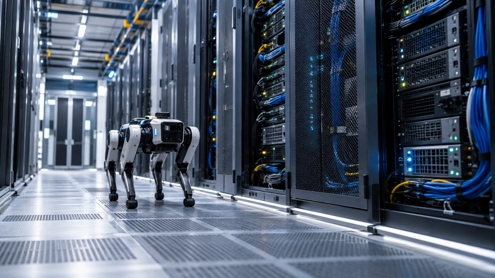 Autonomous quadruped inspection robot patrolling between server racks in a high-density data center.
