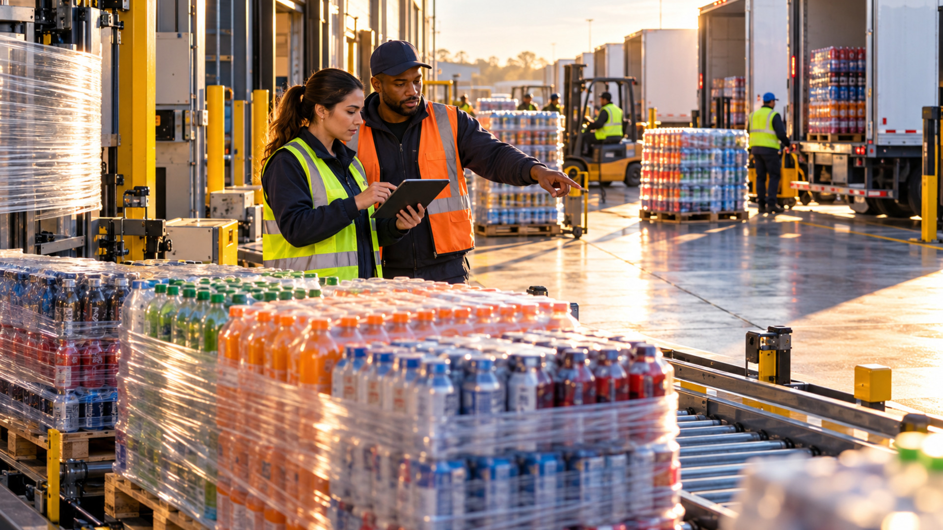 Beverage pallets moving through an organized distribution dock as a logistics coordinator and floor lead confirm the outbound sequence.