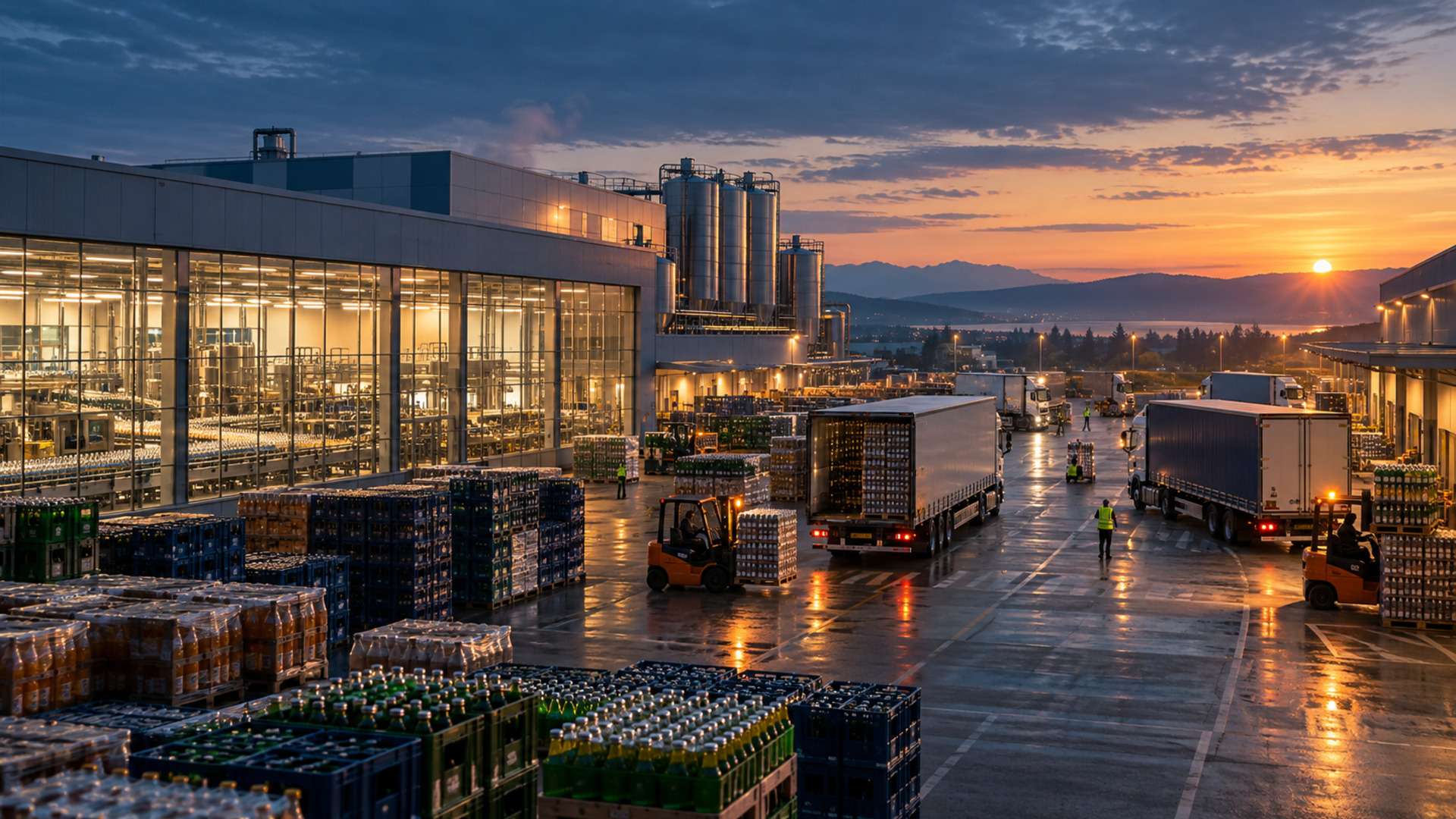 Wide dawn view of a beverage production and distribution campus, with visible bottling lines, storage tanks, drink pallets, forklifts and outbound trucks moving through dispatch lanes.