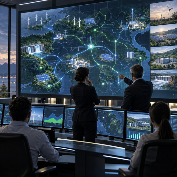 Utility operations team using a shared digital view to monitor energy consumption, production, storage and network constraints.