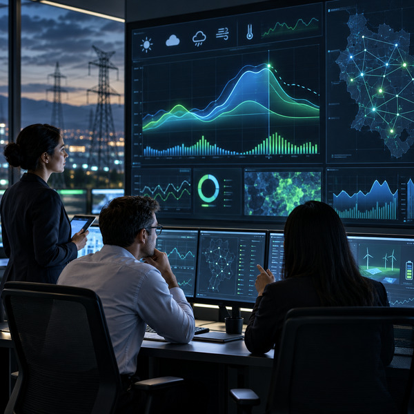 Energy analytics workspace showing predictive insights for demand peaks, anomalies and flexibility opportunities.