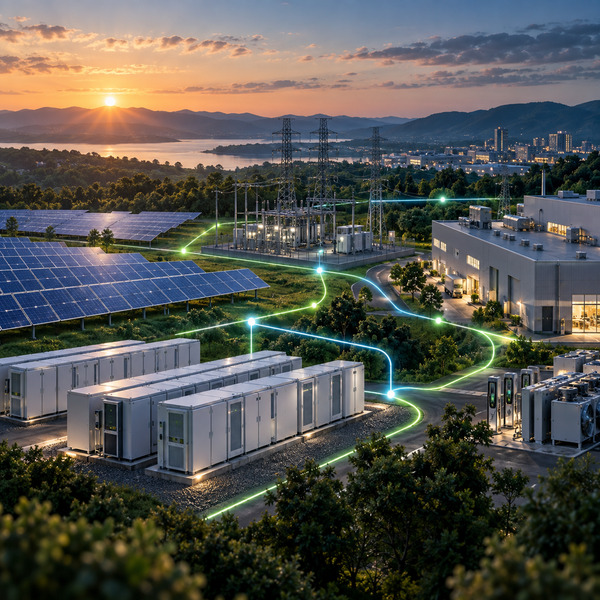 Battery storage, renewable generation and grid assets connected through intelligent energy orchestration.