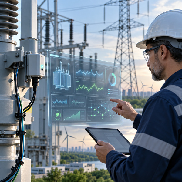Utility specialist monitoring energy equipment performance and fault detection signals in an industrial setting.