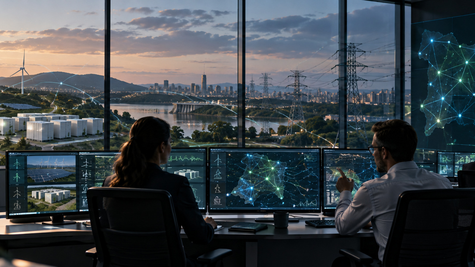 Utility control room overlooking energy infrastructure, showing smart energy systems coordinating grid, storage and renewable assets.