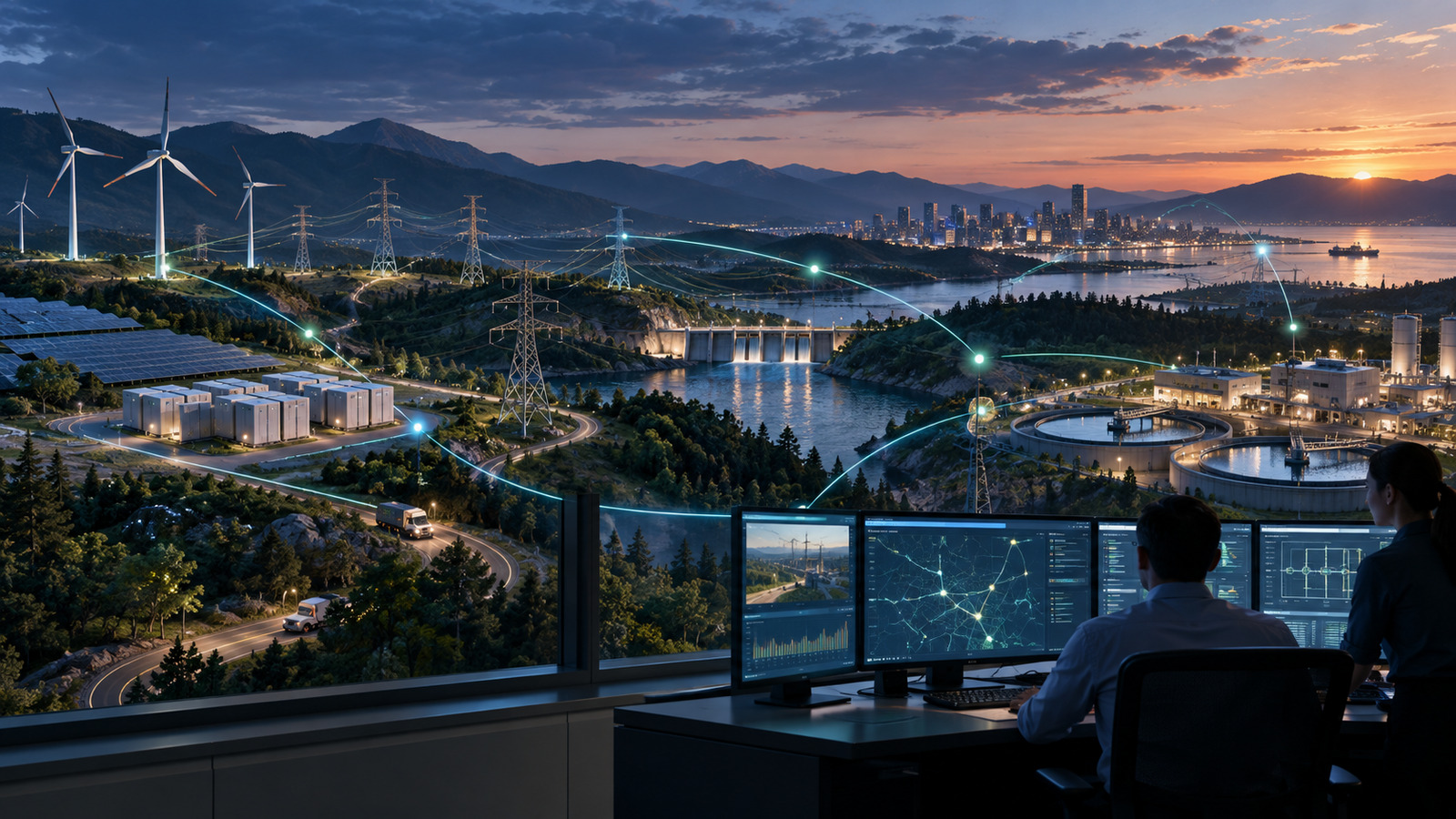 Connected utility ecosystem with renewable generation, storage and grid infrastructure coordinated through smart energy systems