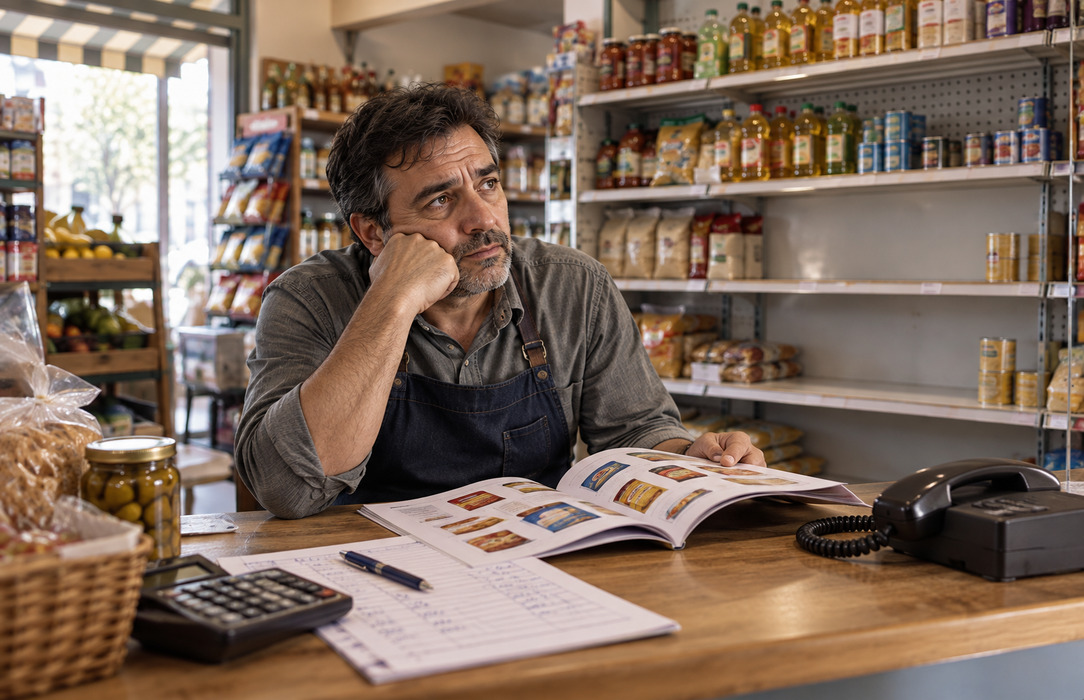 Independent shop owner waits by the phone with a paper product catalogue and order sheet, illustrating reliance on assisted B2B sales.