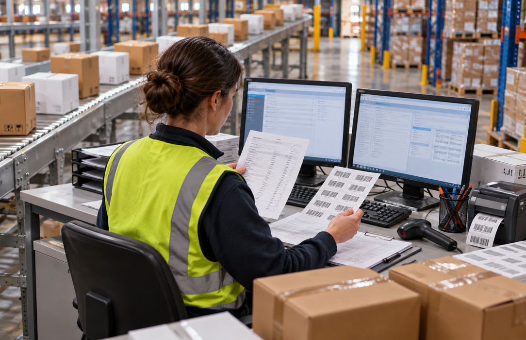 Warehouse employee reconciles printed orders, barcode labels and separate computer systems beside consumer goods moving through a distribution center.