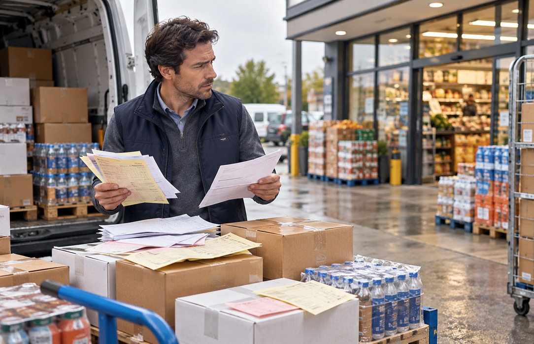 Field sales representative sorts fragmented delivery and order records beside consumer goods outside a customer storefront.