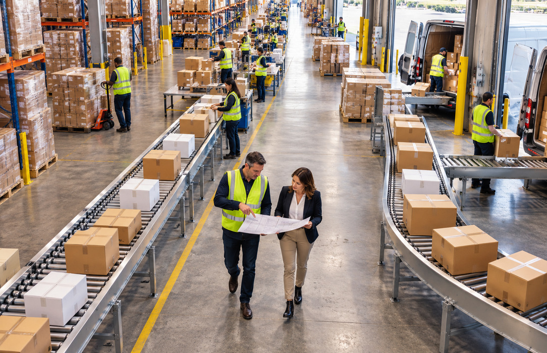 Commercial and operations leads review a process map while walking through the connected stages of a consumer goods distribution center.