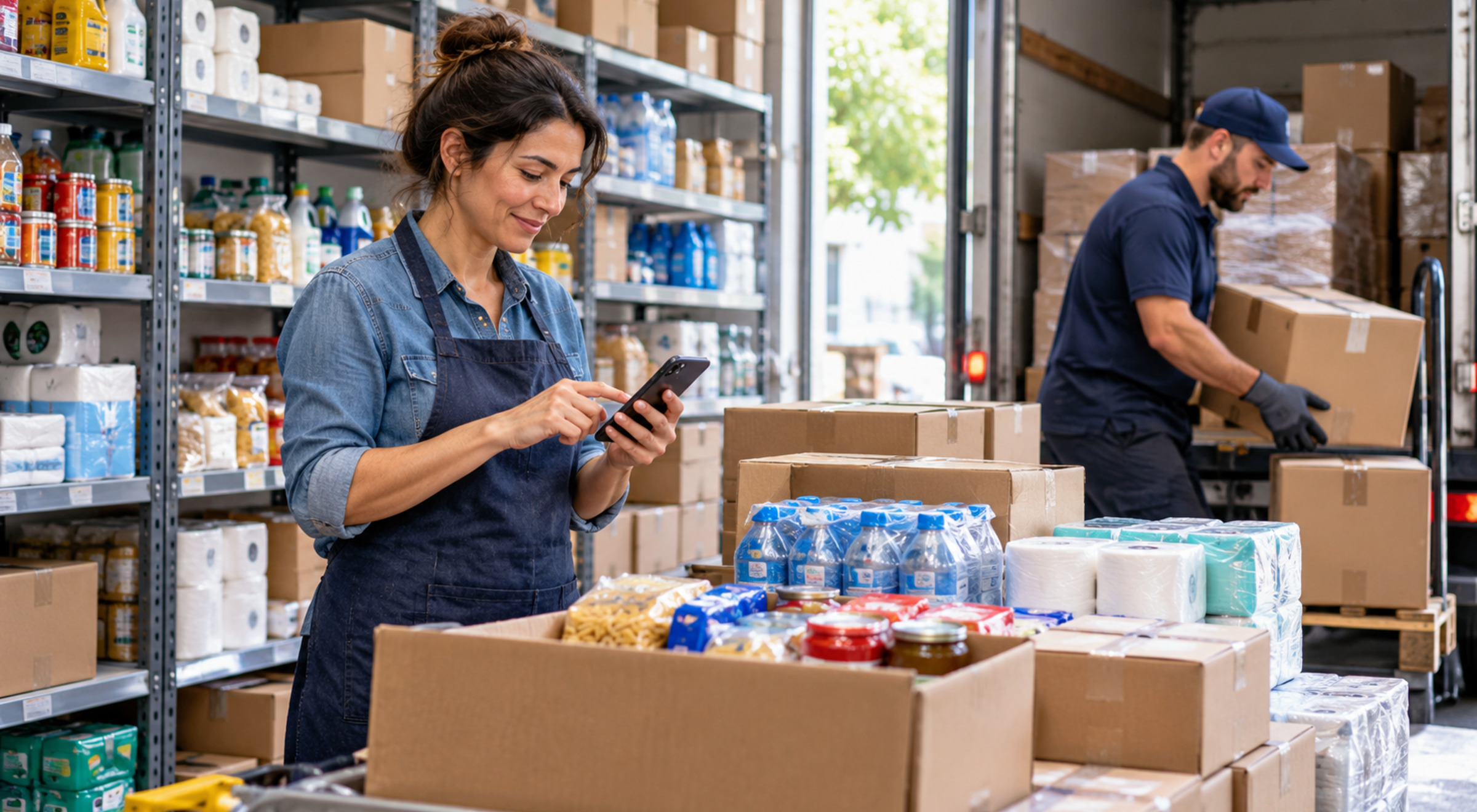 Independent store owner checks a new assortment of consumer goods on a smartphone while a delivery worker unloads cartons in the shop’s receiving area.