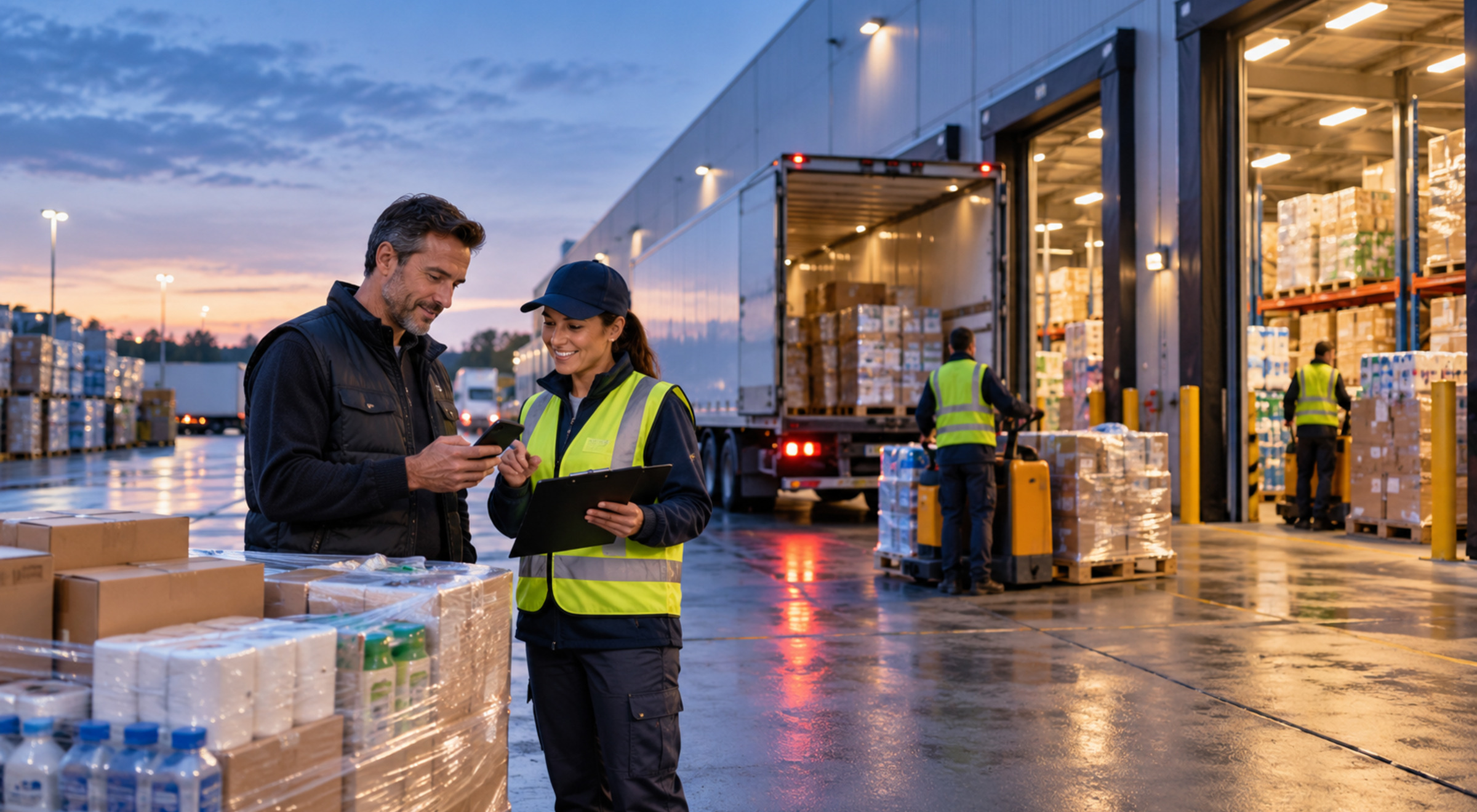 Business customer and distribution employee complete an early-morning handoff among pallets of consumer goods at an active distribution center.