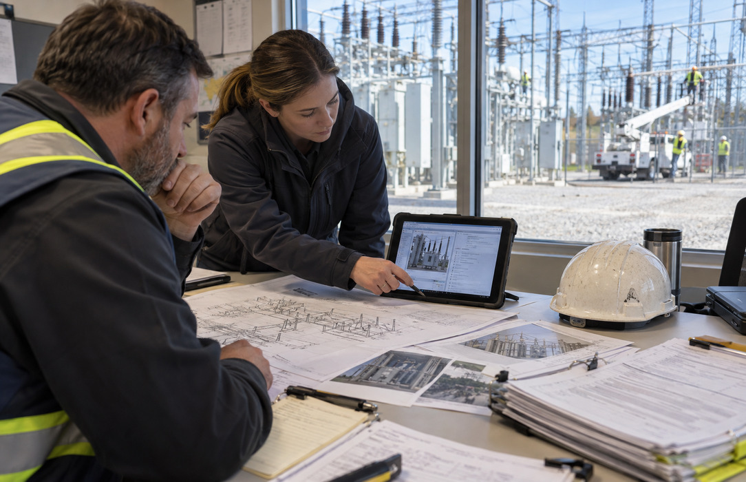 Utility maintenance planning desk with asset diagrams, work orders and substation context for consolidated decision-making.