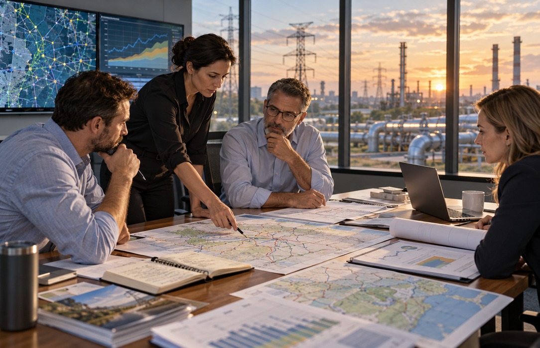 Energy planning workspace with utility maps and portfolio materials, representing consistency across forecasting horizons.