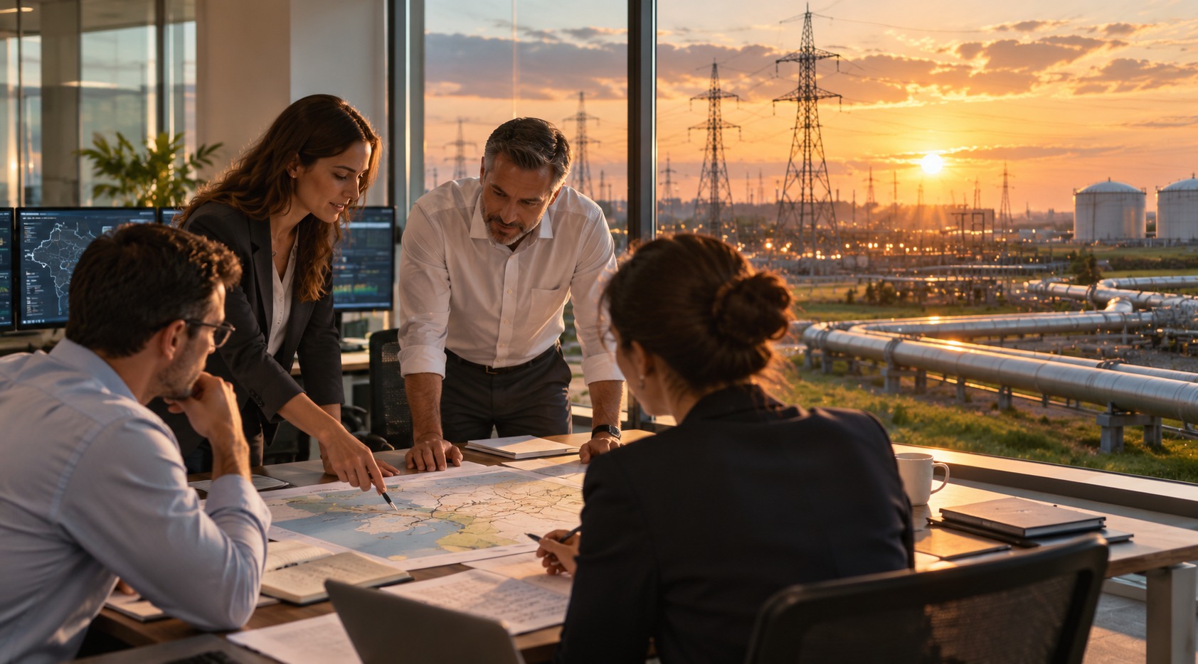 Energy planning professionals working near visible power and gas infrastructure, suggesting more confident purchasing and budgeting decisions.