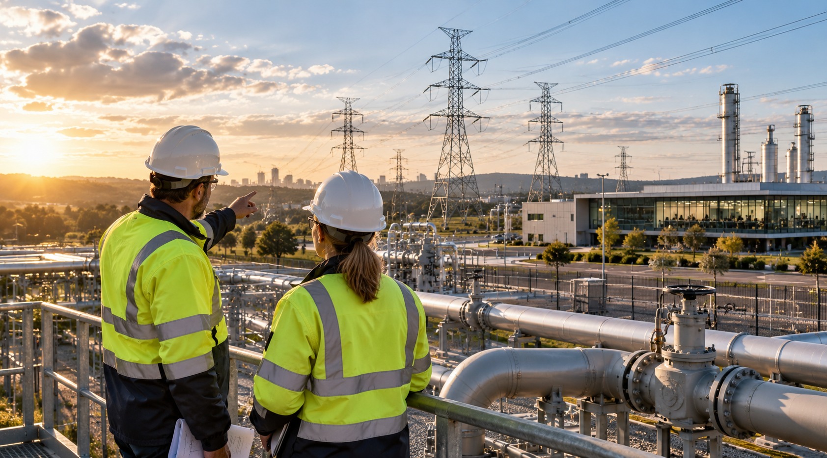 Energy utility infrastructure combining power transmission and gas operations, representing gas and electricity demand forecasting.