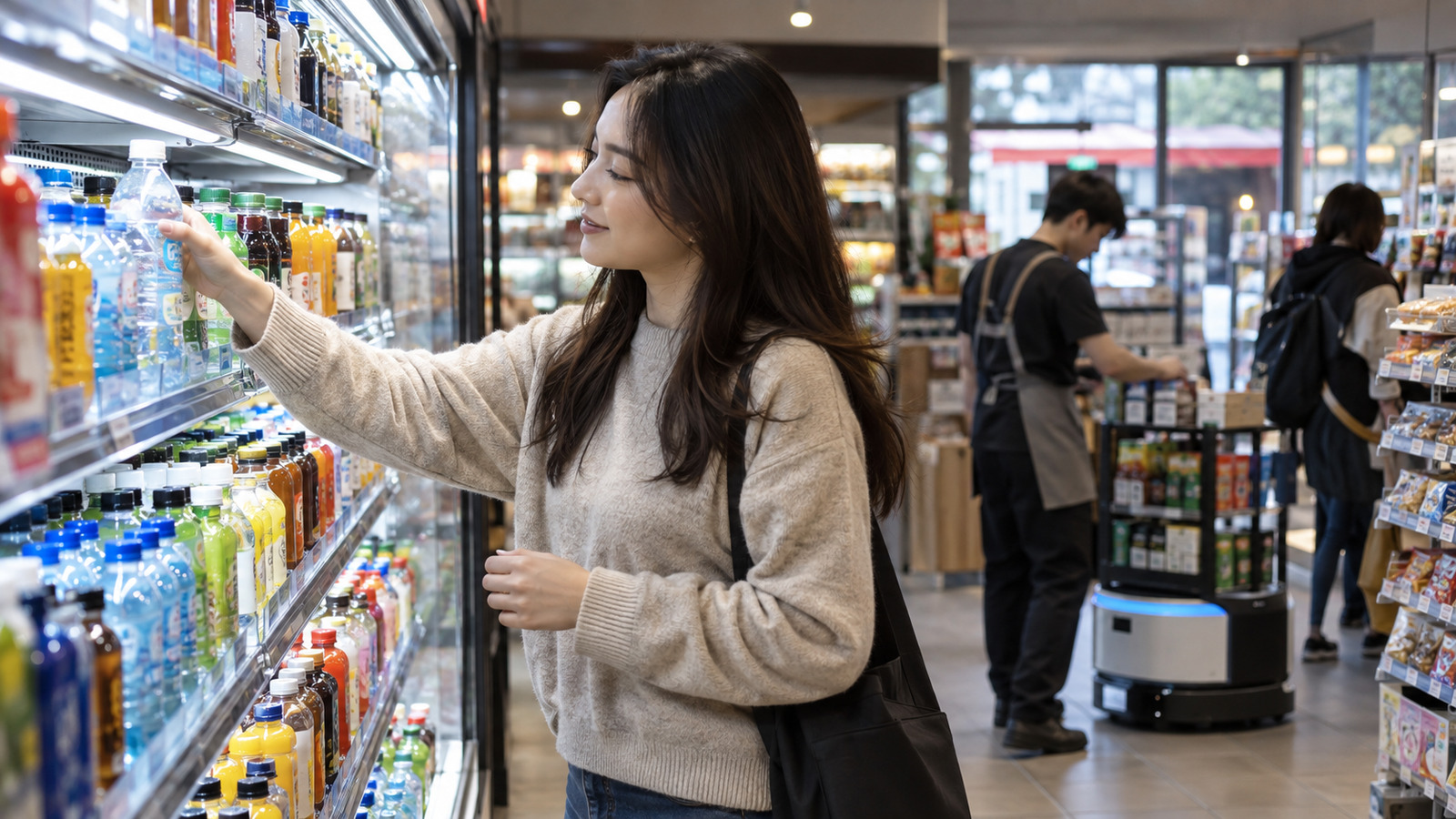 A customer selects a bottled drink from a stocked convenience-store shelf while an employee and a mobile robot replenish products in the background.