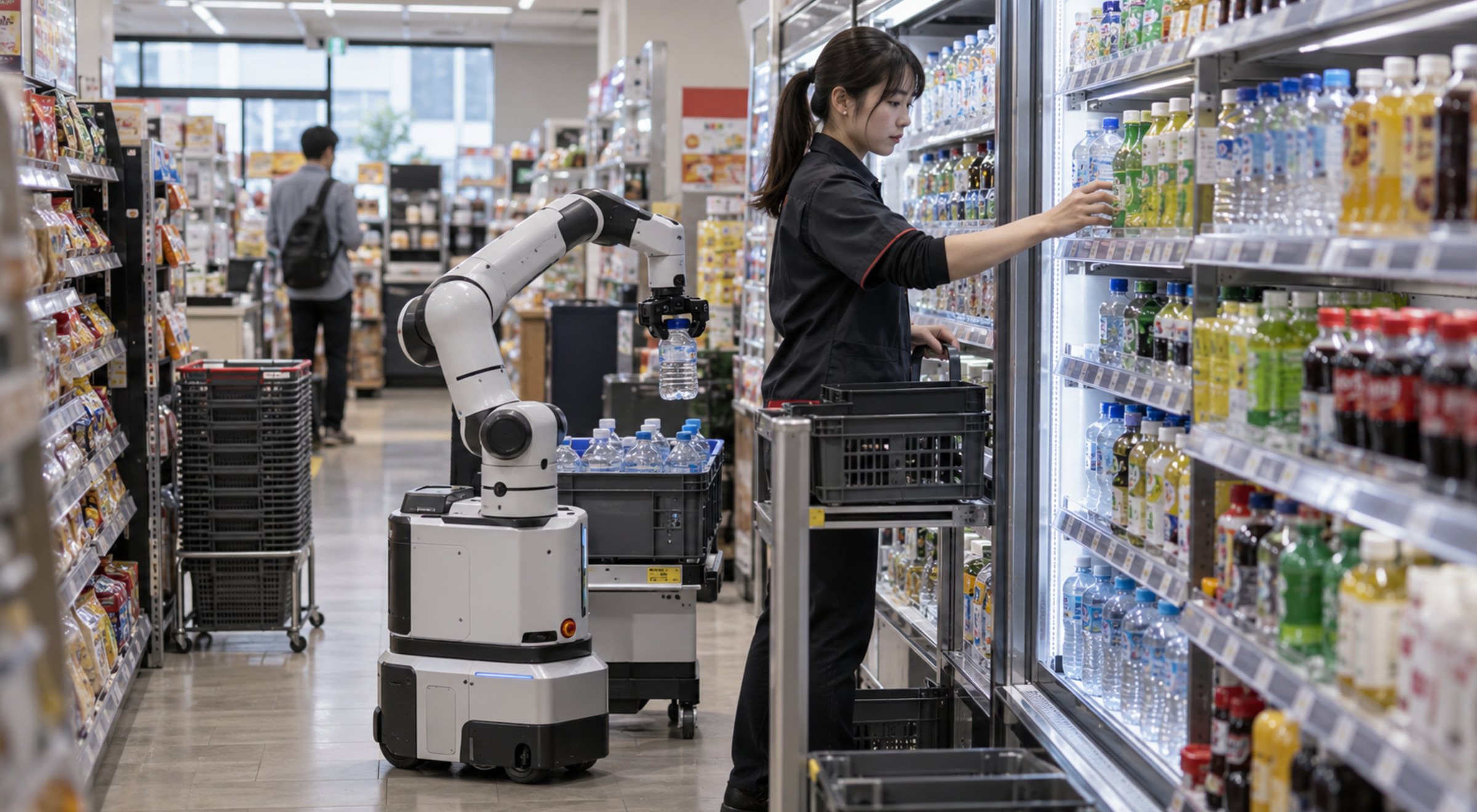 A convenience-store employee and a mobile robot with an articulated arm restock bottled drinks together in a clearly recognizable retail aisle.