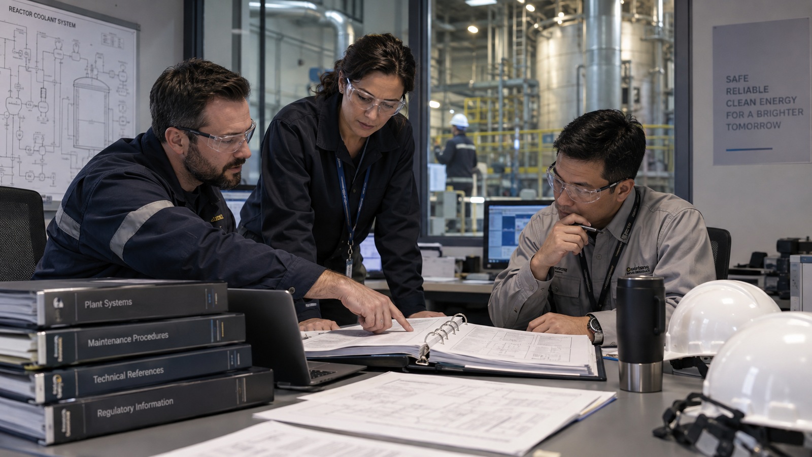 Utility operations and engineering specialists using source documents to align on a nuclear plant technical decision.