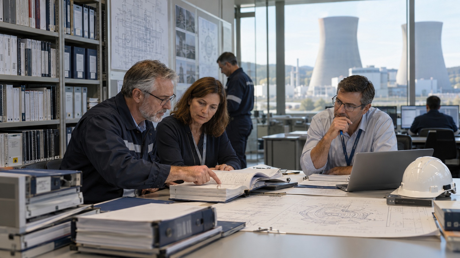 Engineers reviewing nuclear plant technical documentation in a utility engineering environment.