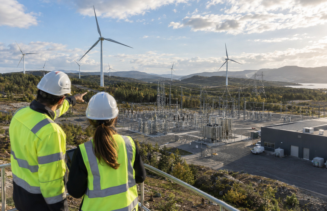 Renewable generation site with turbines, substation equipment and operations personnel, representing the breadth of control-centre activities.