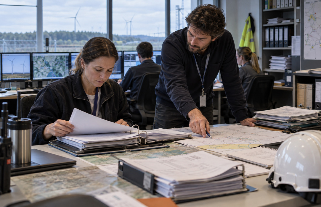 Renewable operations workspace with field documents, maintenance boards and control references, representing manual and fragmented working practices.