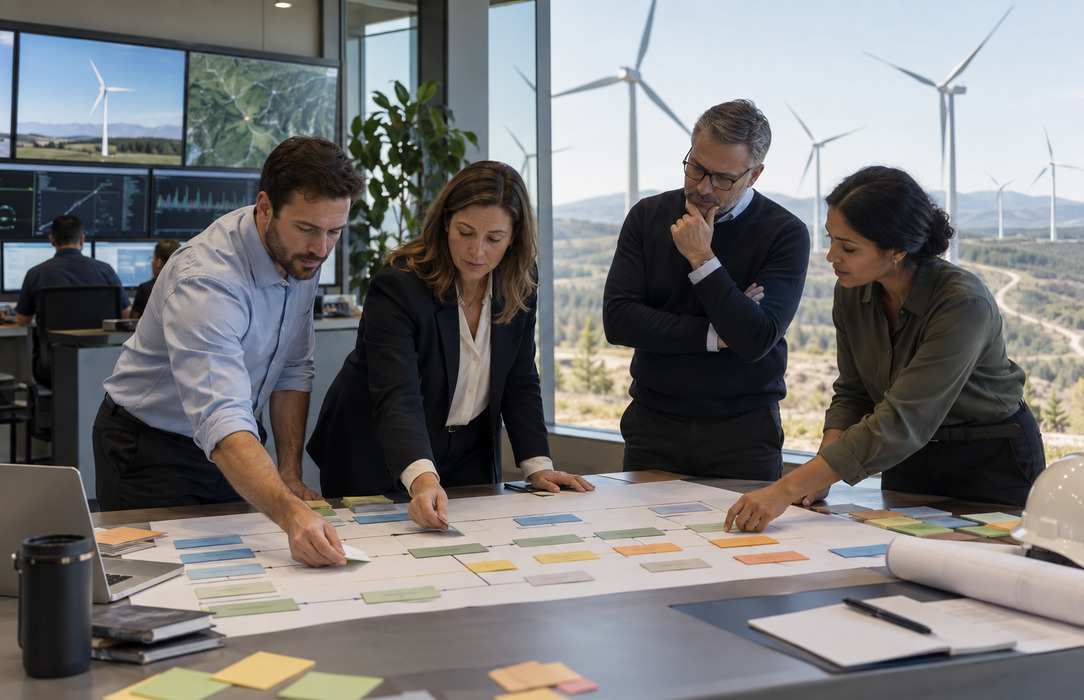 Renewable energy planning session with phased initiative materials and wind-farm context, representing roadmap sequencing from discovery to implementation.