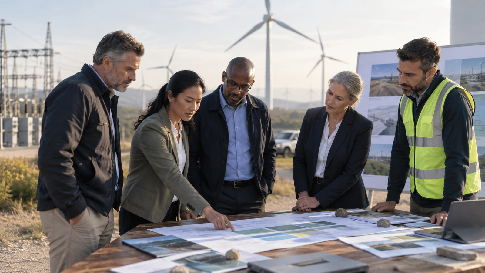 Renewable operations leaders reviewing a transformation roadmap near visible clean-energy infrastructure, representing clearer implementation planning.