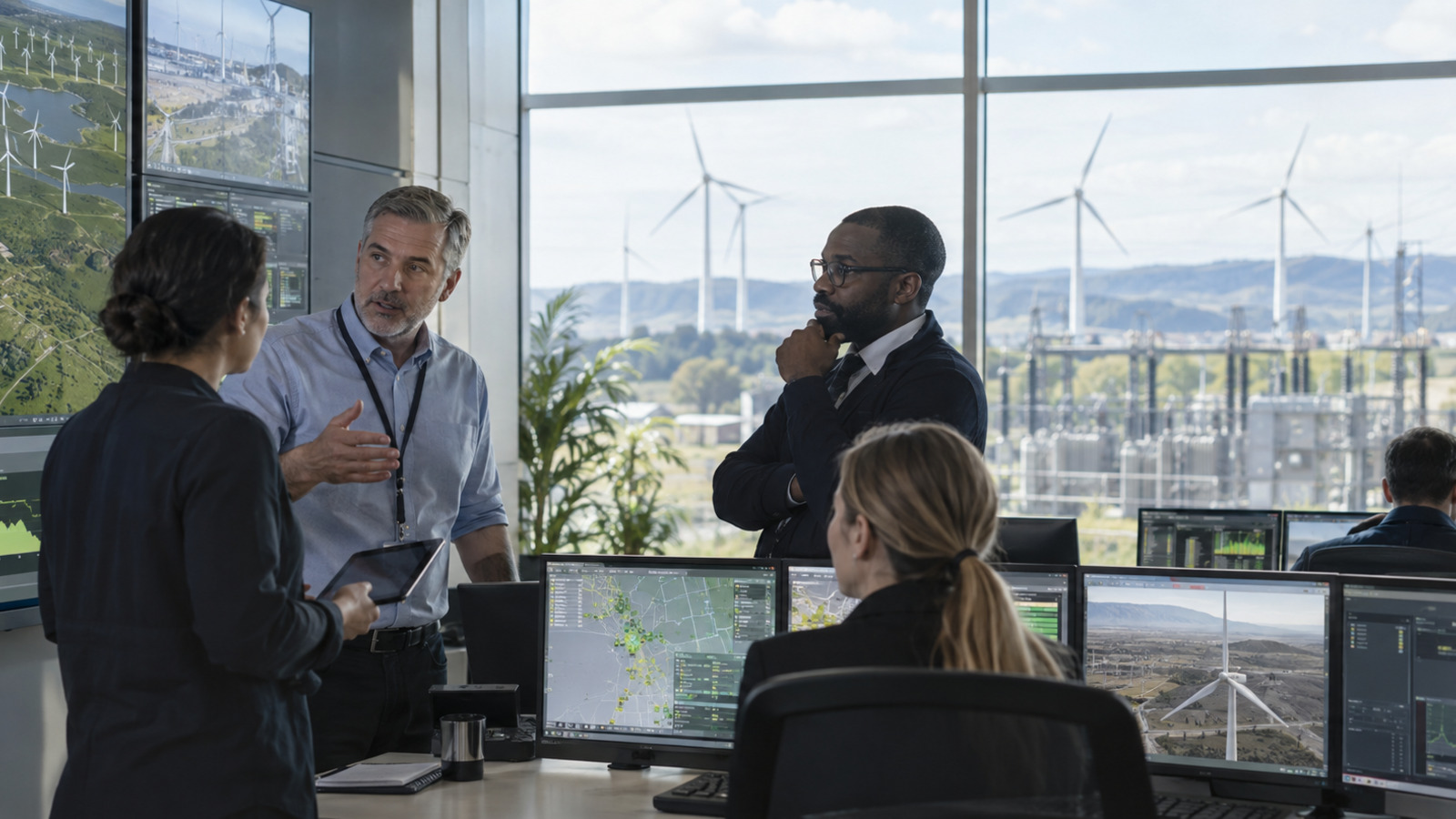 Renewable energy control centre with wind assets and operations teams, representing digital discovery for generation operations.
