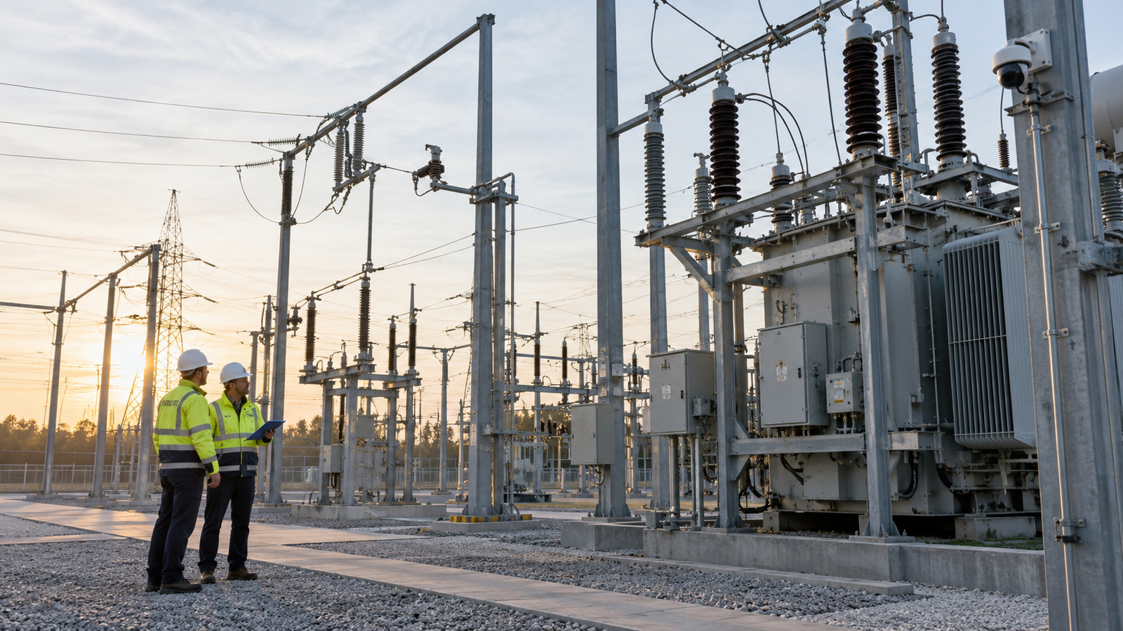 Electrical substation with integrated monitoring sensors and utility professionals inspecting the asset environment.