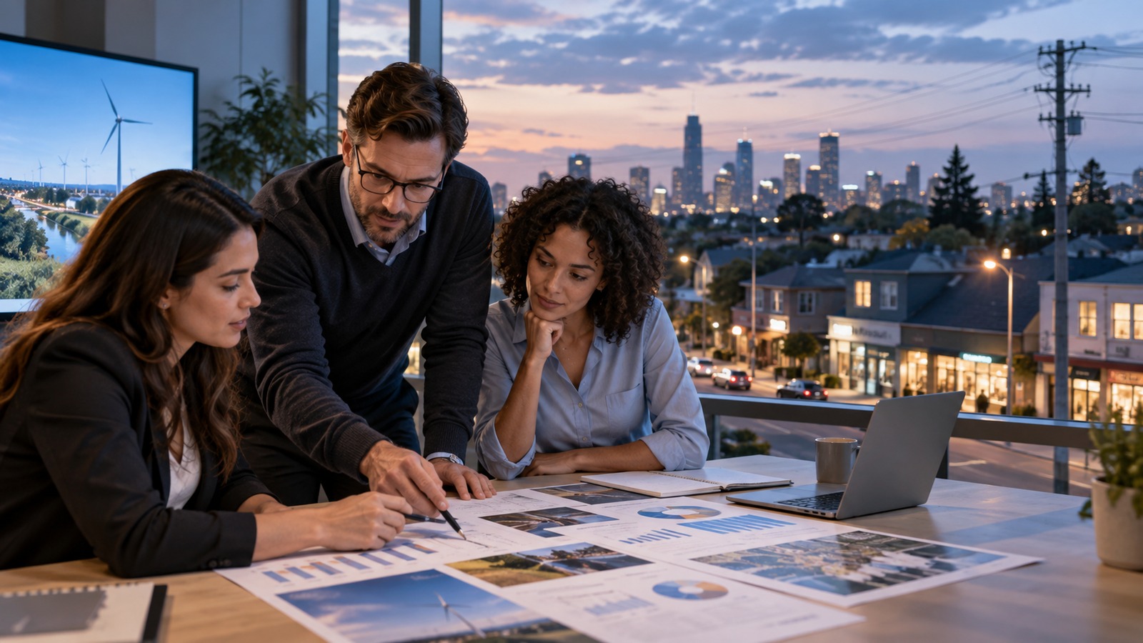 Energy retail planning scene with utility infrastructure and city customers, representing marketing mix modeling for energy sales.