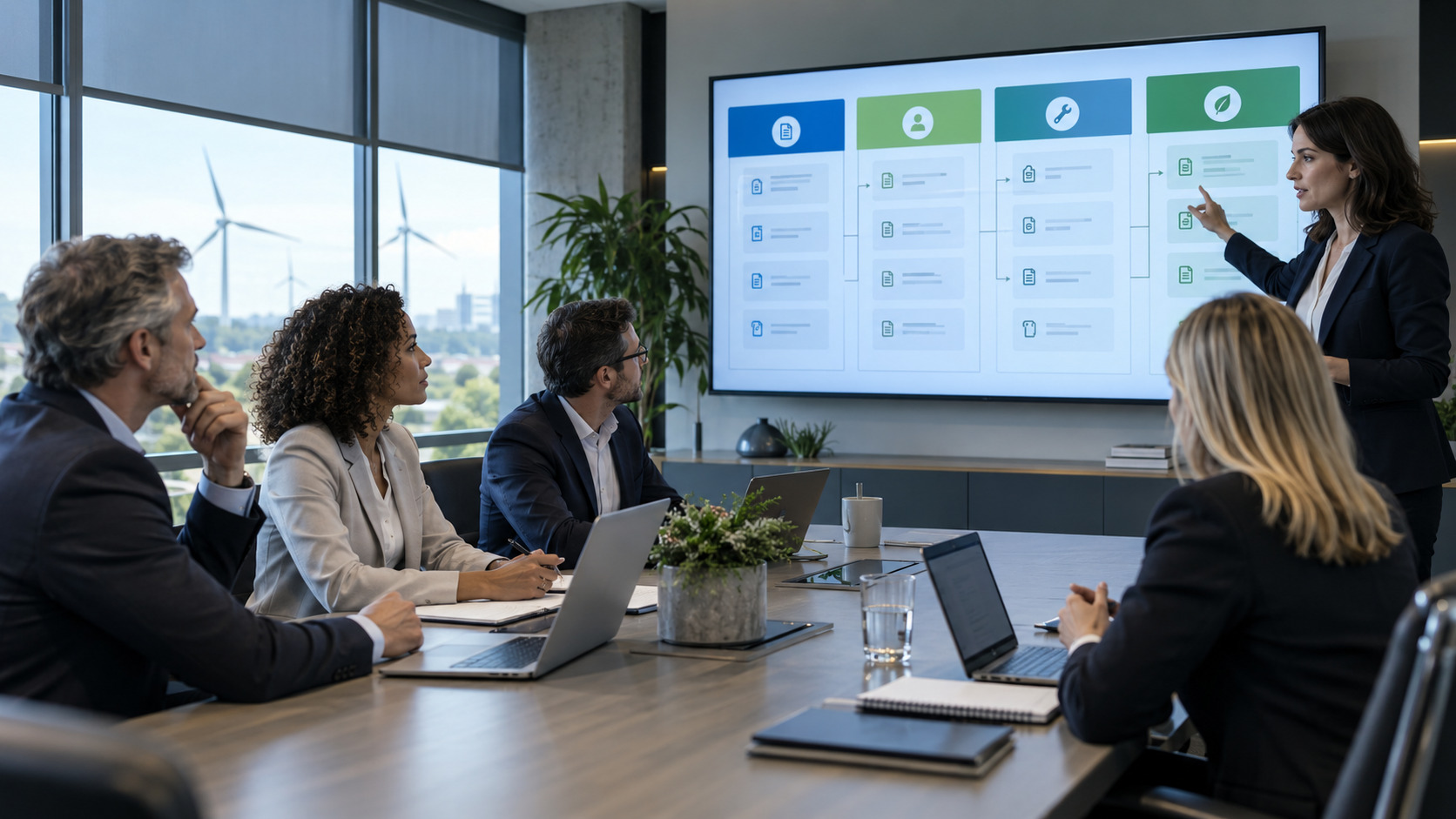 Executive team reviewing AI classification outputs on a screen for operational use.