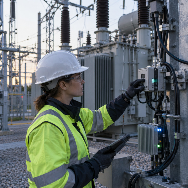 A utility technician checks sensor and edge connectivity equipment inside an electrical substation.