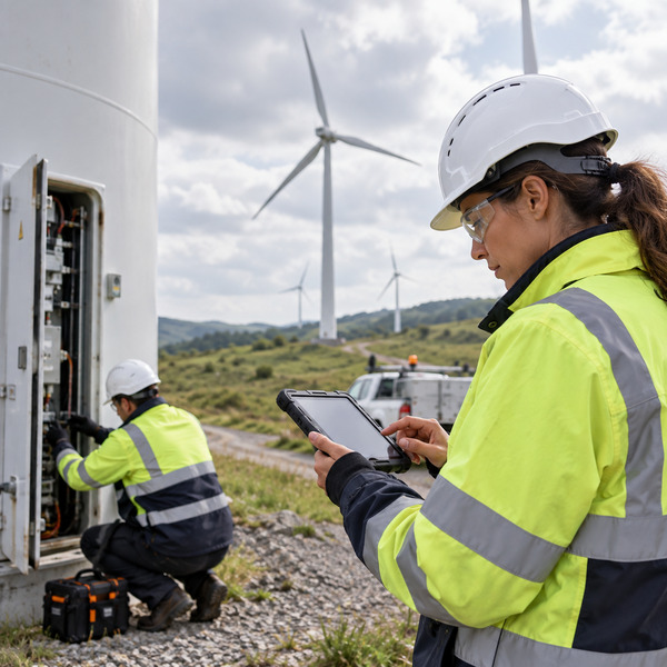 Utility maintenance specialists using contextual analytics near transmission equipment to anticipate operational risk.