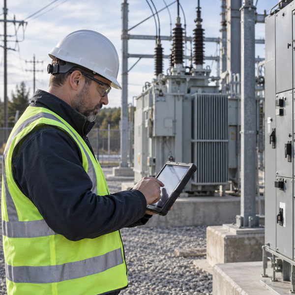 A field engineer reviews inspection context on a rugged tablet beside distribution grid equipment.