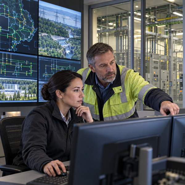 Cybersecurity and operations specialists monitoring protected utility infrastructure with clear human oversight.