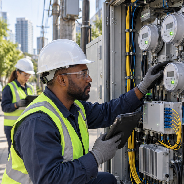 Technicians inspecting smart grid equipment while connected data infrastructure links field assets with enterprise systems.