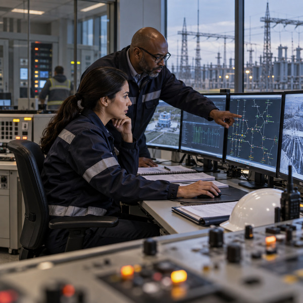 Utility operations specialists review a grid scenario in a secure critical-infrastructure control environment.