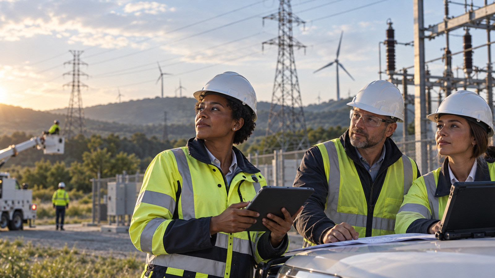 Wide view of utility field crews and grid infrastructure using connected operational data to support resilient energy operations.
