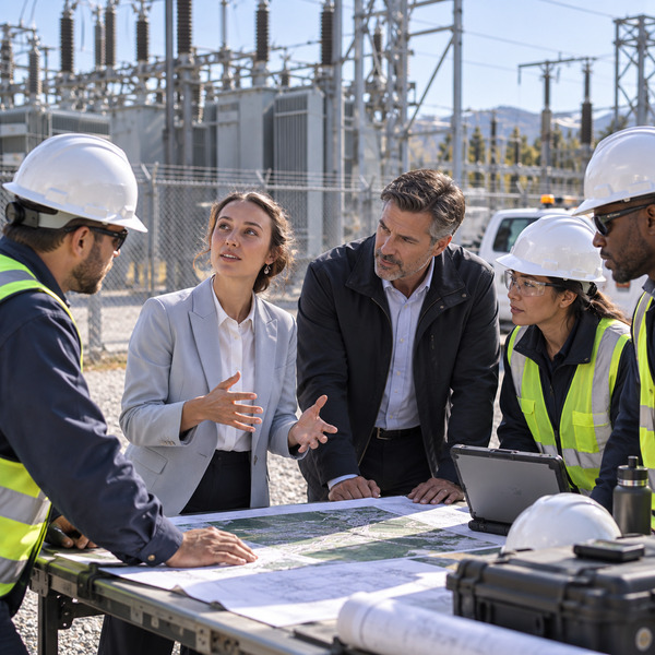 Utility leaders and operational teams reviewing a grid operations model beside physical network infrastructure.