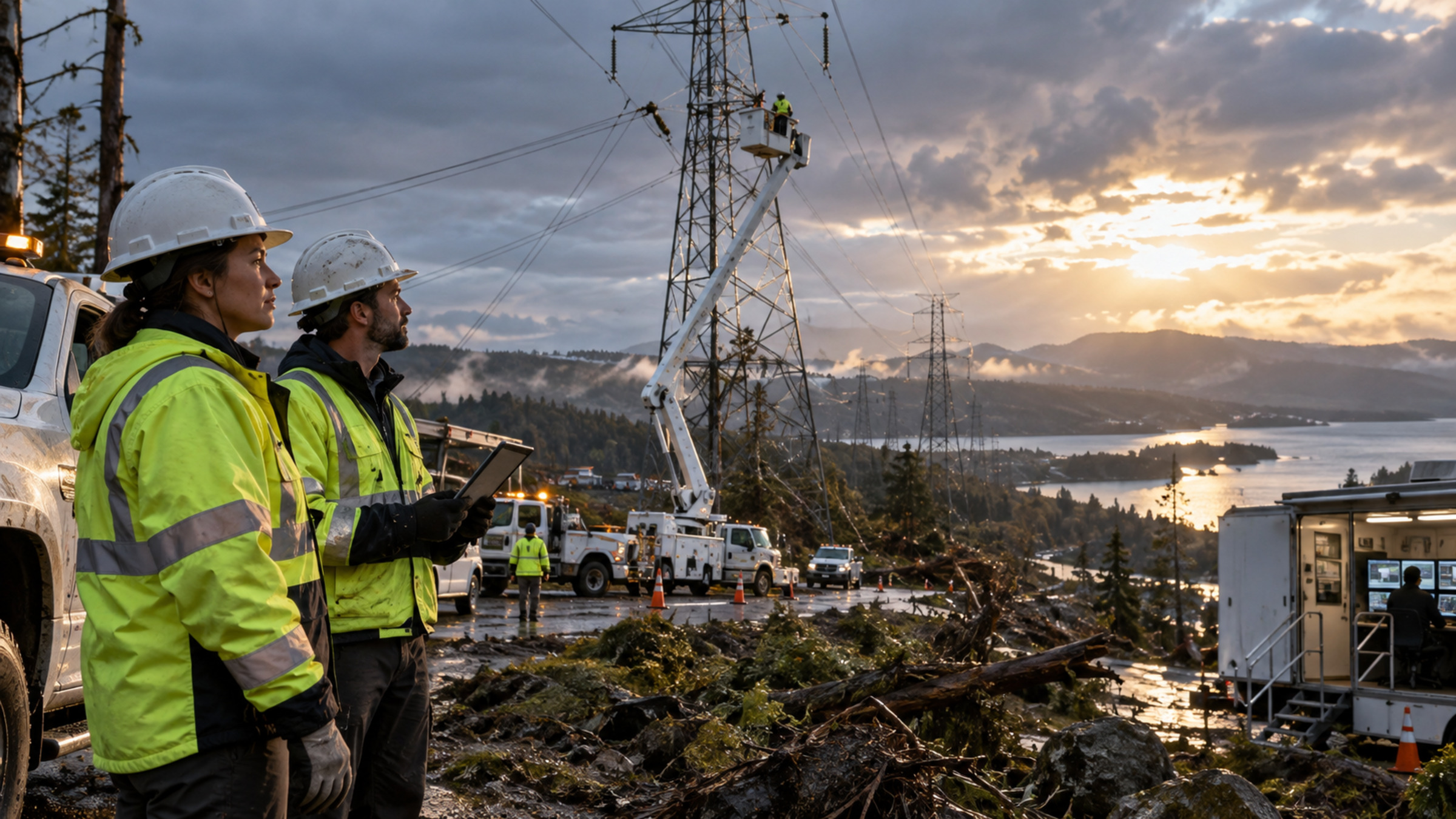 Utility crews monitor and restore grid infrastructure after severe weather, with transmission assets and service vehicles in view.