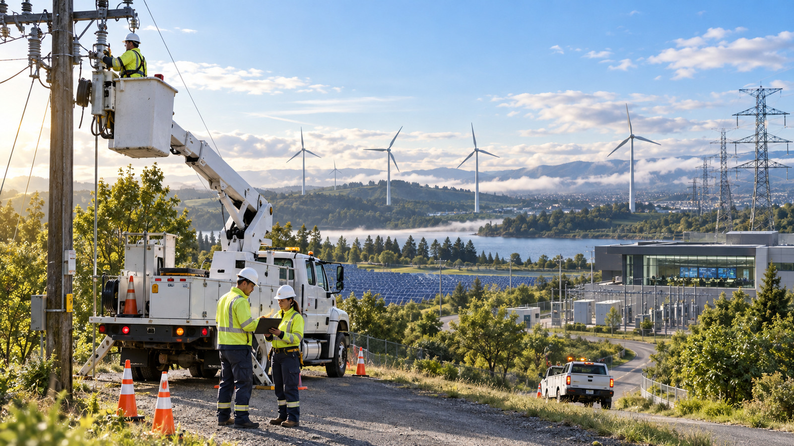 Wide scene of renewable energy and distribution operations coordinated through connected field activity and control processes.