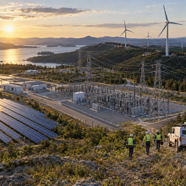 A utility site with transmission lines, renewable assets and field teams shows AI-native capability scaling across infrastructure.