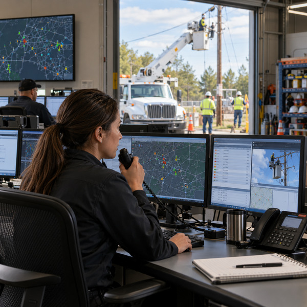 A utility dispatcher coordinates field work while line crews and service vehicles are visible beyond the operations area.