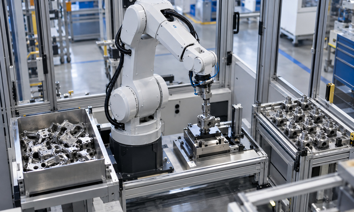 A single industrial robot transfers metal components between input, processing and output stations in a compact pick-and-place cell.
