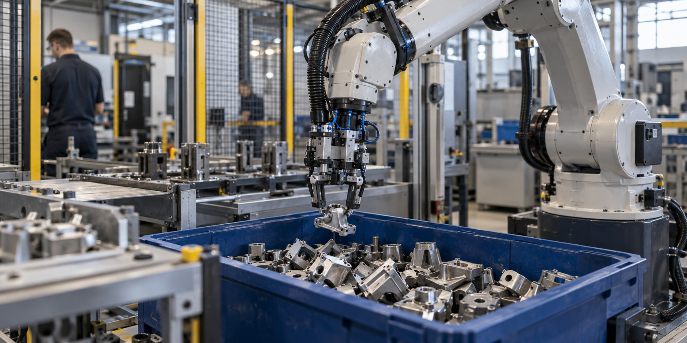 A vision-guided industrial robot picks irregular metal components from a blue bin inside a precision manufacturing cell.