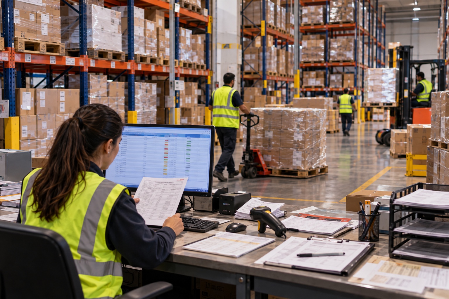 Inventory-control employee reconciling warehouse records with physical stock while pallets continue moving between locations before manual updates are completed.