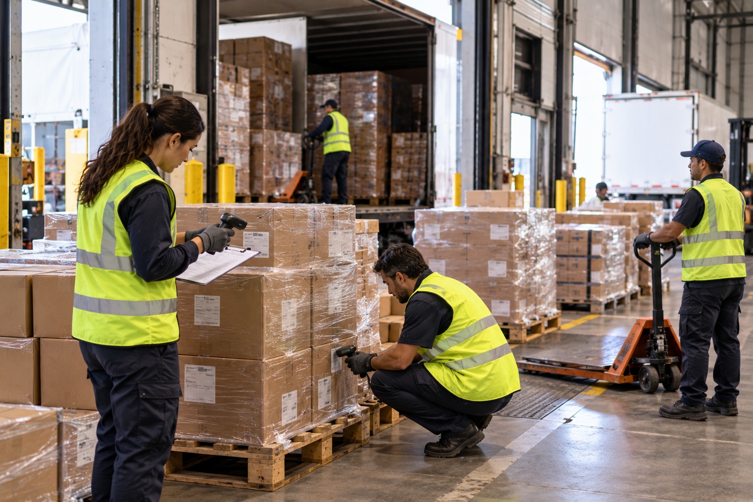 Warehouse team manually inspecting pallets and products one by one at a loading dock, slowing the movement of shipments through the logistics operation.