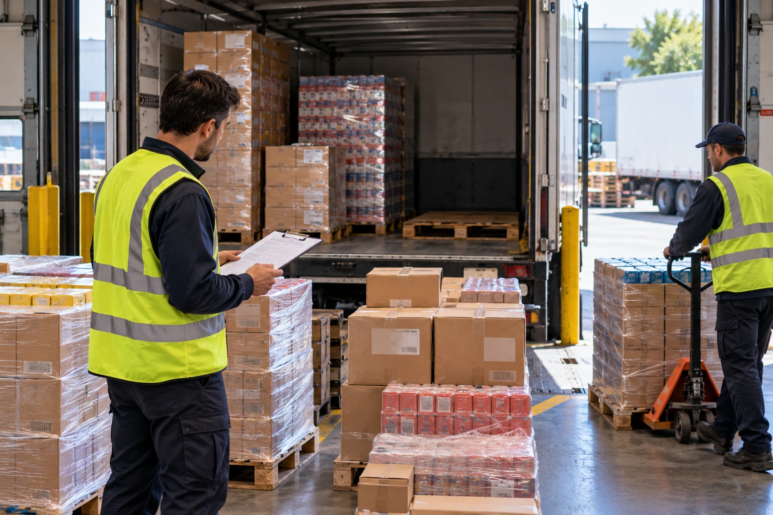 Warehouse employee manually comparing shipment paperwork with pallets and cartons at a loading dock where the actual load does not fully match the planned shipment.