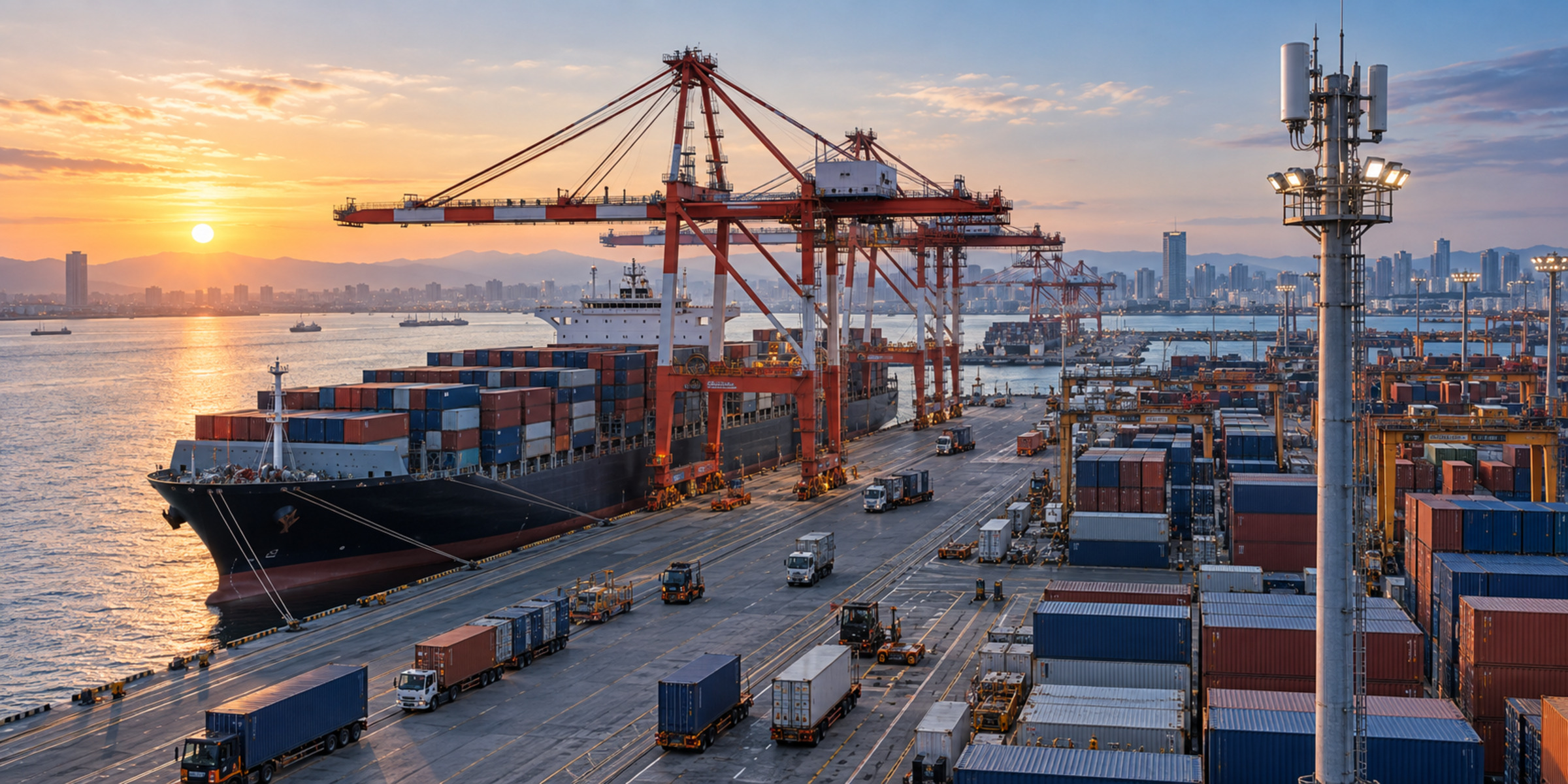 Wide sunrise view of a Japanese container terminal with a berthed ship, quay cranes, container stacks, terminal vehicles and a private 5G mast.